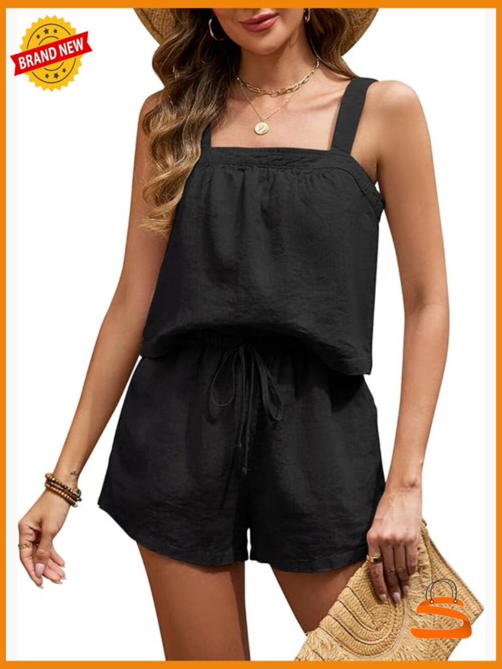 Women's 100% Linen 2 Piece Square Neck Crop Top and Shorts Set